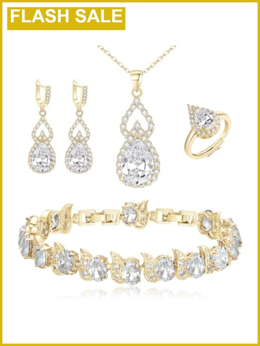Bridal Wedding Jewelry Set Cubic Zirconia Brass Necklace Earrings Bracelet Ring
